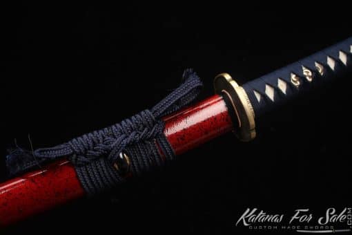 Katana 1095 Folded Steel with Vintage Finish  and Red and Black Hardwood Saya - Image 9