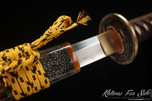 Katana Sword T10 Folded Clay Tempered Steel with Hadori Polish and Full Black Rayskin Saya with brown Buffalo Horns