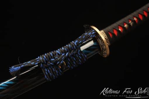 Katana 1095 Folded Steel with Red Acid Dye and Dual Color Mixed Lacquered Hardwood Saya - Image 10
