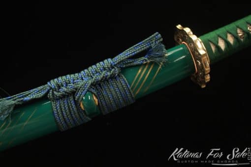 Katana T10 Clay Tempered Steel with Green Golden Stripes Hardwood Saya - Image 9