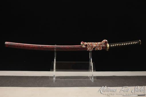Samurai Katana 1095 Folded Steel with Ladder Grains with Mixed Black and Red Paint Saya with Buffalo Horns - Image 10