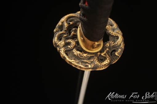 Handcrafted Katana T10 Clay Tempered Steel with Hadori Polish and Burgundy Seashell Dragon Saya with black Buffalo horns - Image 9