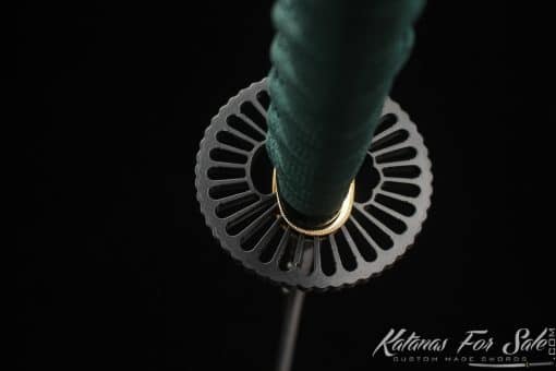 Katana 1060 Carbon Steel with engraved gold thunder pattern and Black and Splatter Green Hardwood Saya - Image 10