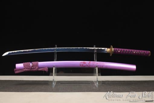 Samurai Katana 1060 Carbon Steel with Blue Acid Dye and Sparkle Purple Hardwood Saya