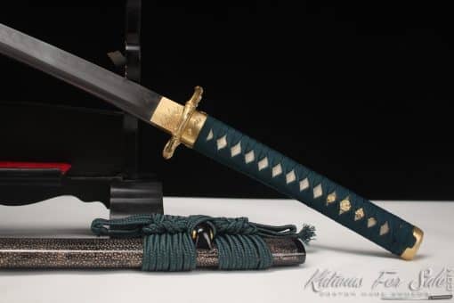 Samurai Katana T10 Clay Tempered Steel with Reversed Hamon and Full Black Rayskin Saya with Buffalo Horns - Image 11