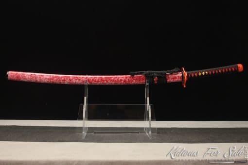 Katana 1060 Folded Steel with Red Acid Dye and Gloss Red Mashmellow Hardwood Saya - Image 10