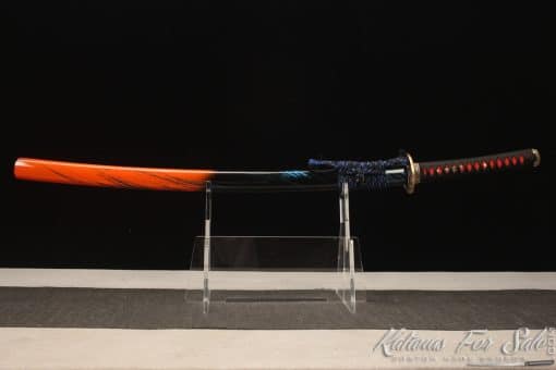 Katana 1095 Folded Steel with Red Acid Dye and Dual Color Mixed Lacquered Hardwood Saya - Image 11