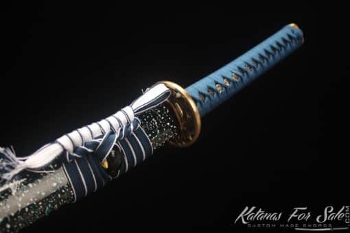 Katana Sword 1060 Folded Steel with Red Acid Dye and Black and Sparkle White Hardwood Saya - Image 7