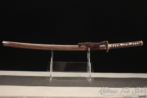 Katana Sword T10 Folded Clay Tempered Steel with Full Brown Ray Skin Saya and Buffalo Horn - Image 12