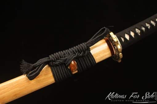 Katana T10 Clay Tempered Steel with Dual Flame "Hon?"  Hamon and Hadori Polish with Bamboo Wood Saya - Image 11
