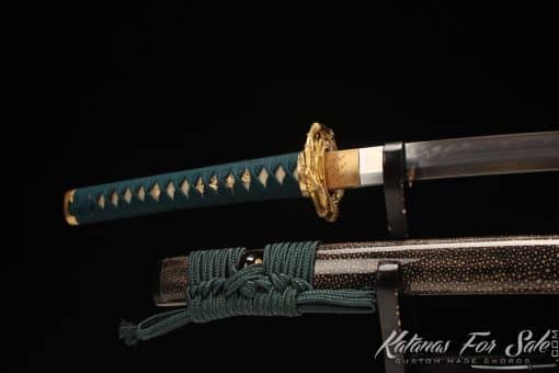 Samurai Katana T10 Clay Tempered Steel with Reversed Hamon and Full Black Rayskin Saya with Buffalo Horns - Image 13