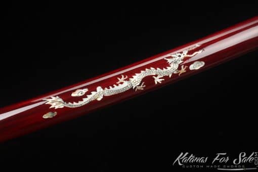 Katana T10 Folded Clay Tempered Steel with Refined Layers and Hadori Polish with Burgundy Seashell Dragon Saya - Image 11