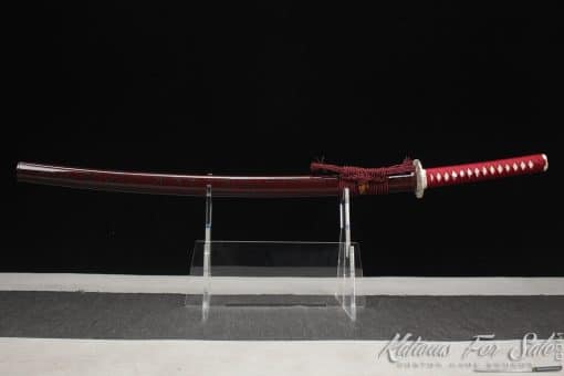 Katana T10 Folded Clay Tempered Steel with Hadori Polish and Gloss Burgundy Black Hardwood Saya with Buffalo Horns - Image 12