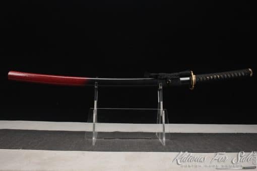 Tactical Katana T10 Clay Tempered Steel with Flame Hamon "Hon?"  and Hadori Polish with Red and Black Leopard Hardwood Saya - Image 4