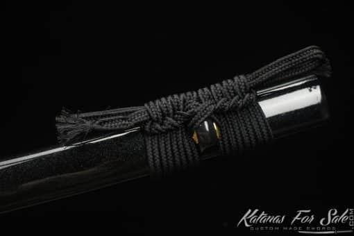 Katana T10 Clay Tempered Steel with Round Hamon and Metallic Black Hardwood Saya with Buffalo Horns - Image 12
