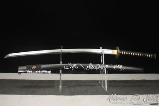 Katana T10 Folded Clay Tempered Steel with Hon Sanmai Construction Multiple-refined Steel with Matt Black Hand-Drawn Rose Hardwood Saya