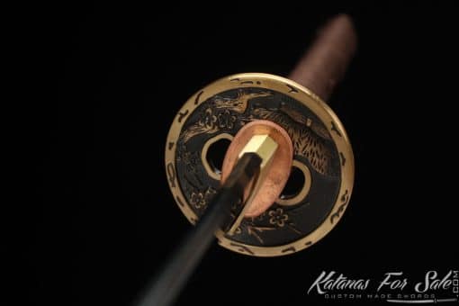 Katana Sword T10 Folded Clay Tempered Steel with Hadori Polish and Full Black Rayskin Saya with brown Buffalo Horns - Image 11