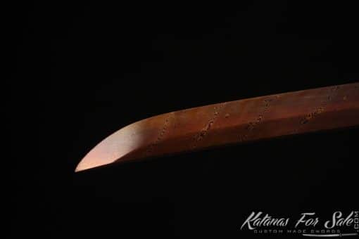 Elegant Katana T10 Folded Steel with Twisted Grain and Red Acid Dye with Red Linen Finish Saya and Buffalo Horns - Image 13