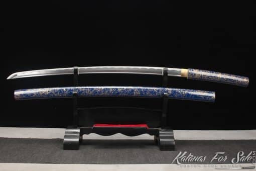 Shirasaya Katana sword 1060 Carbon Steel with Gloss Blue and Golden Line Saya - Image 5