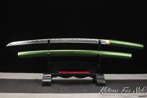 Japanese Shirasaya Katana 1060 Carbon Steel with Green and Sparkle Black Saya - Image 7
