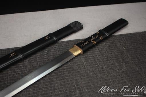 Shirasaya Ninjato 1095 Folded Steel with Kiriha Zukuri Kissaki and Matt Black Hardwood Saya - Image 3