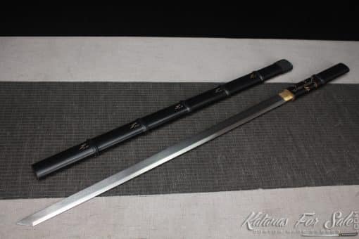 Shirasaya Ninjato 1095 Folded Steel with Kiriha Zukuri Kissaki and Matt Black Hardwood Saya - Image 10