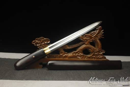 Double Edge Shirasaya Tanto T10 Folded Steel with Ebony Wood Round Tip Saya and Buffalo Horns - Image 8