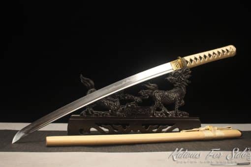 Japanese Wakizashi T10 Clay Tempered Steel with Bamboo Wood Saya and Black Horn