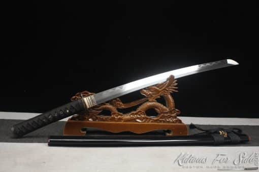 Japanese Wakizashi T10 Folded Clay Tempered with Gloss Black hardwood Saya with Buffalo Horns - Image 7