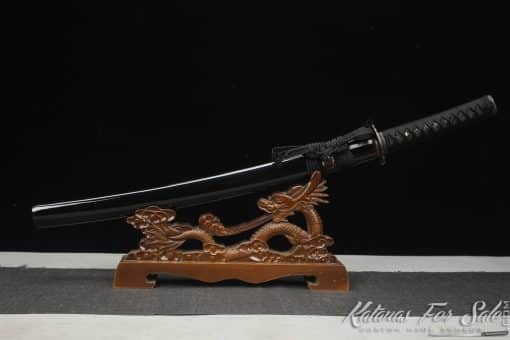 Japanese Wakizashi T10 Folded Clay Tempered with Gloss Black hardwood Saya with Buffalo Horns - Image 3