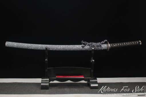 Katana 1095 Folded Steel with Black Acid Dye and Black and White Hardwood Saya - Image 6
