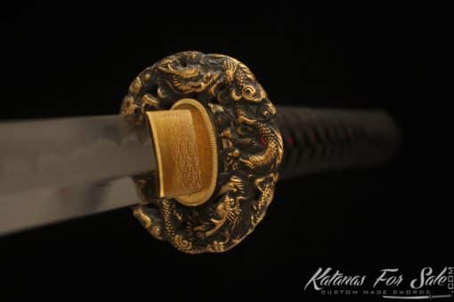 Handcrafted Katana T10 Clay Tempered Steel with Hadori Polish and Burgundy Seashell Dragon Saya with black Buffalo horns - Image 3