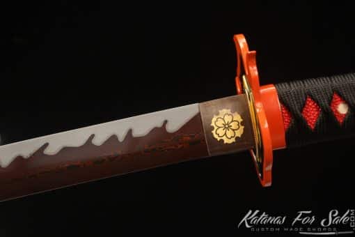Katana 1060 Folded Steel with Red Acid Dye and Gloss Red Mashmellow Hardwood Saya
