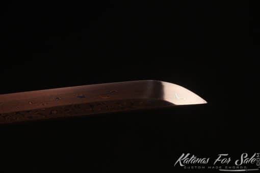 Katana 1095 Folded Steel with Red Acid Dye and Dual Color Mixed Lacquered Hardwood Saya - Image 3