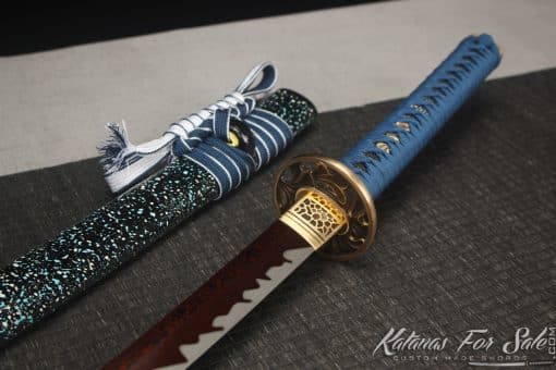 Katana Sword 1060 Folded Steel with Red Acid Dye and Black and Sparkle White Hardwood Saya