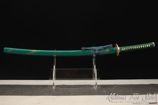 Katana T10 Clay Tempered Steel with Green Golden Stripes Hardwood Saya - Image 3