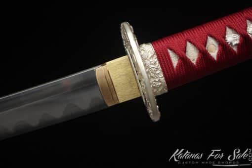 Katana T10 Folded Clay Tempered Steel with Hadori Polish and Gloss Burgundy Black Hardwood Saya with Buffalo Horns - Image 3