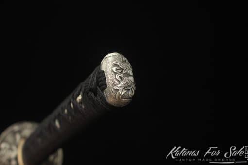 Katana T10 Clay Tempered Steel with Round Hamon and Metallic Black Hardwood Saya with Buffalo Horns - Image 13