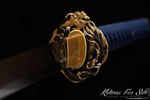 Katana T10 Clay Tempered Steel with Blue Engraved Dragon on Black Hardwood Saya