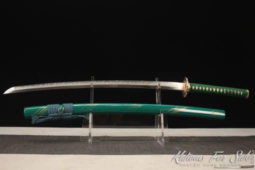 Katana T10 Clay Tempered Steel with Green Golden Stripes Hardwood Saya