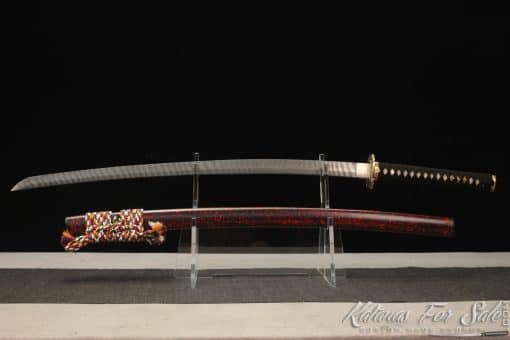 Samurai Katana 1095 Folded Steel with Ladder Grains with Mixed Black and Red Paint Saya with Buffalo Horns - Image 7