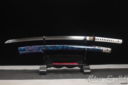 Professional Katana Sword T10 Clay Tempered Steel with Slash Blue Paint Hardwood Saya
