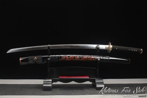 Japanese Katana Blade T10 Clay Tempered Steel with Round Hamon and Hadori Polish with Hand Carved Dragon Hardwood Saya