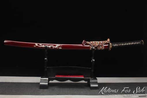 Katana T10 Folded Clay Tempered Steel with Refined Layers and Hadori Polish with Burgundy Seashell Dragon Saya - Image 7