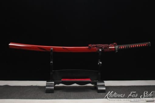 Katana T10 Clay Tempered Steel with Burgundy Black Stripes Hardwood Saya - Image 7