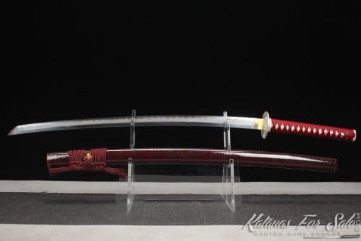 Katana T10 Folded Clay Tempered Steel with Hadori Polish and Gloss Burgundy Black Hardwood Saya with Buffalo Horns