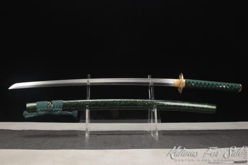 Katana T10 Clay Tempered Steel with Dark Green Sparkle Lime Hardwood Saya - Image 7
