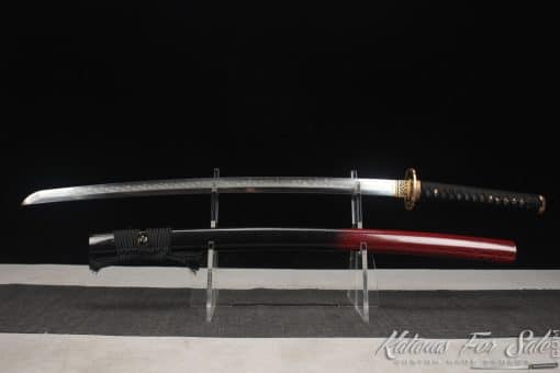 Tactical Katana T10 Clay Tempered Steel with Flame Hamon "Hon?"  and Hadori Polish with Red and Black Leopard Hardwood Saya - Image 3