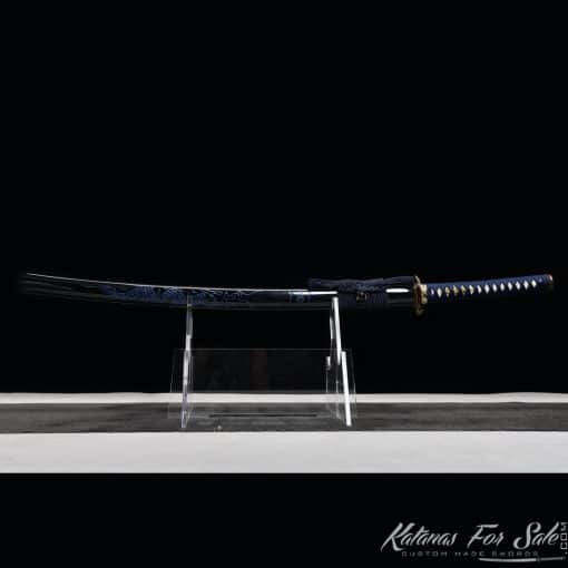 Katana T10 Clay Tempered Steel with Blue Engraved Dragon on Black Hardwood Saya - Image 4