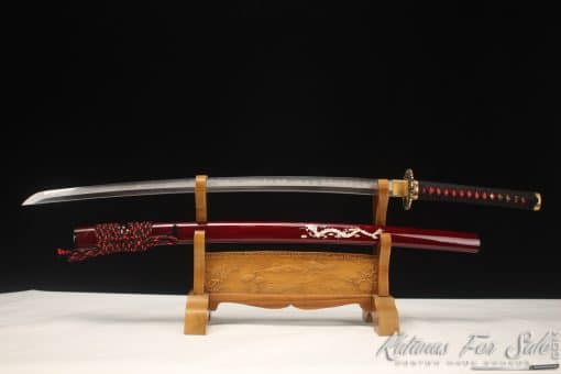 Handcrafted Katana T10 Clay Tempered Steel with Hadori Polish and Burgundy Seashell Dragon Saya with black Buffalo horns - Image 6
